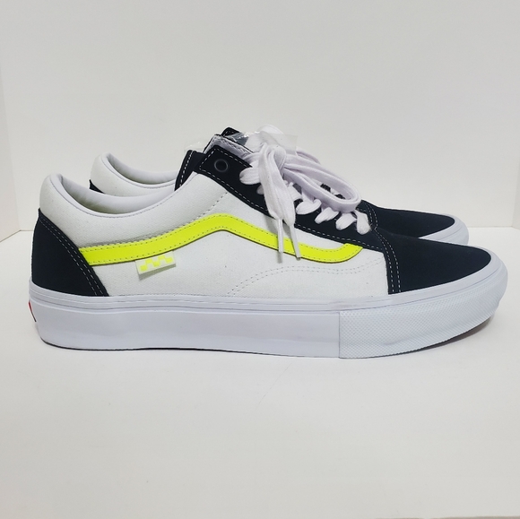 Vans Skate Old Skool Mens Size 11.5 True White Neon Yellow Canvas Seude Shoes - Picture 2 of 12